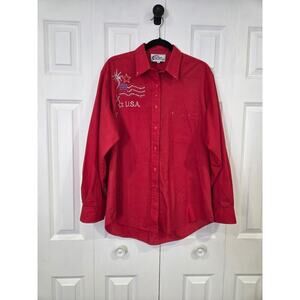Vintage Patriotic Button-Up Shirt L Oversized Fourth of July 90s Rhinestones